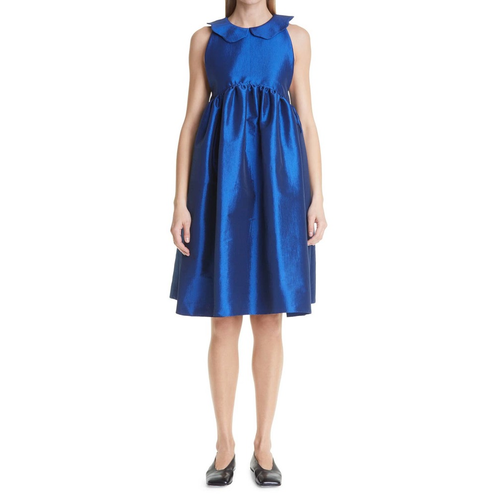 Kika Vargas Aida Jewel-Toned Blue Taffeta Collared Babydoll Dress